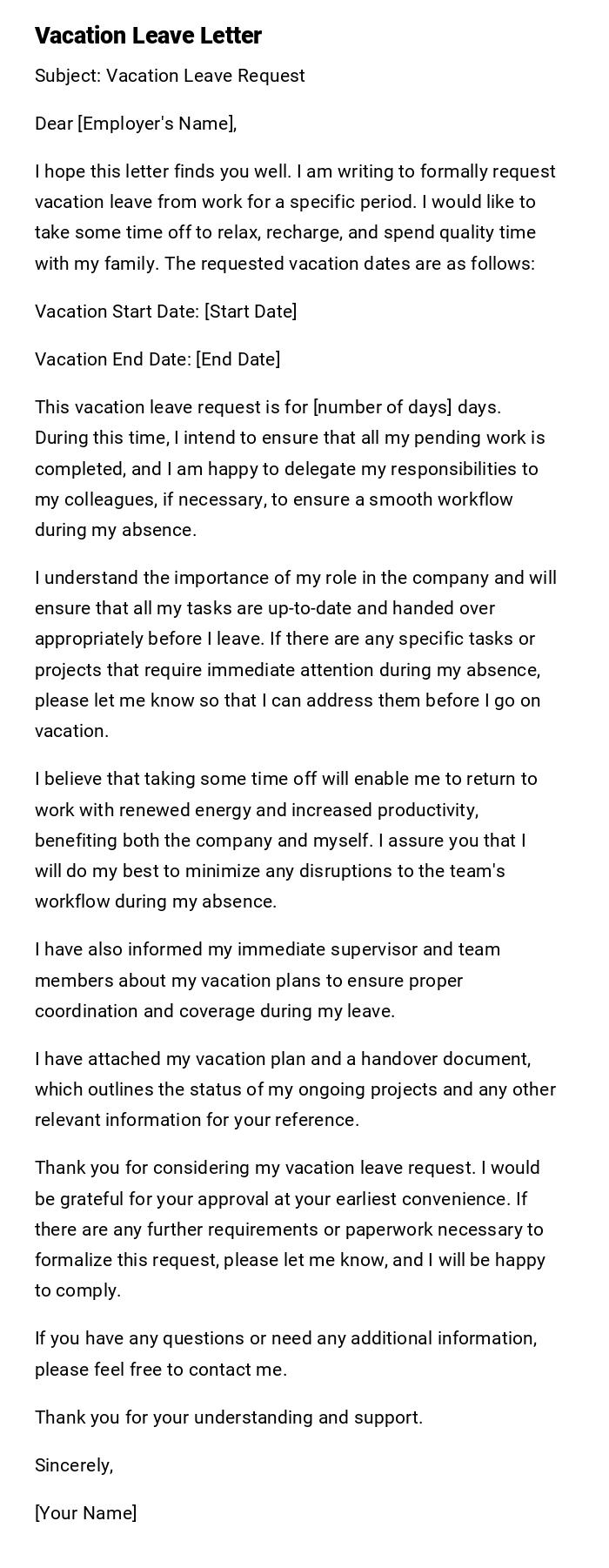 Vacation Leave Letter