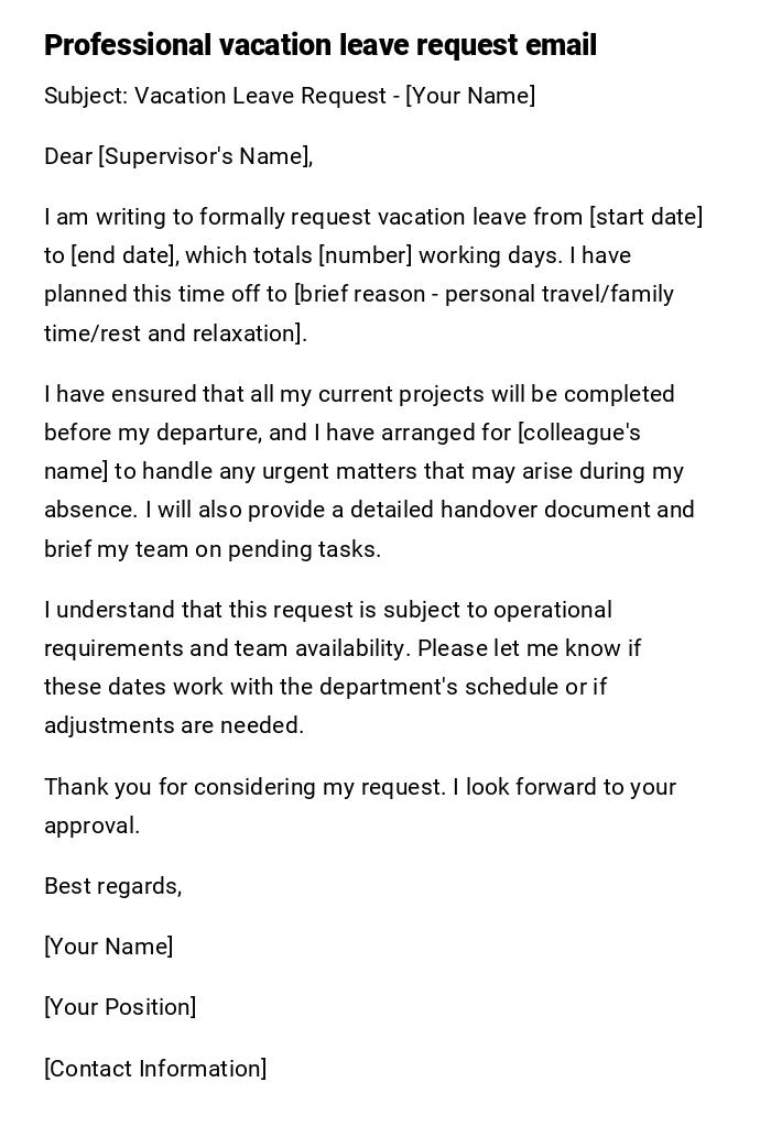 Professional vacation leave request email Professional vacation leave request email