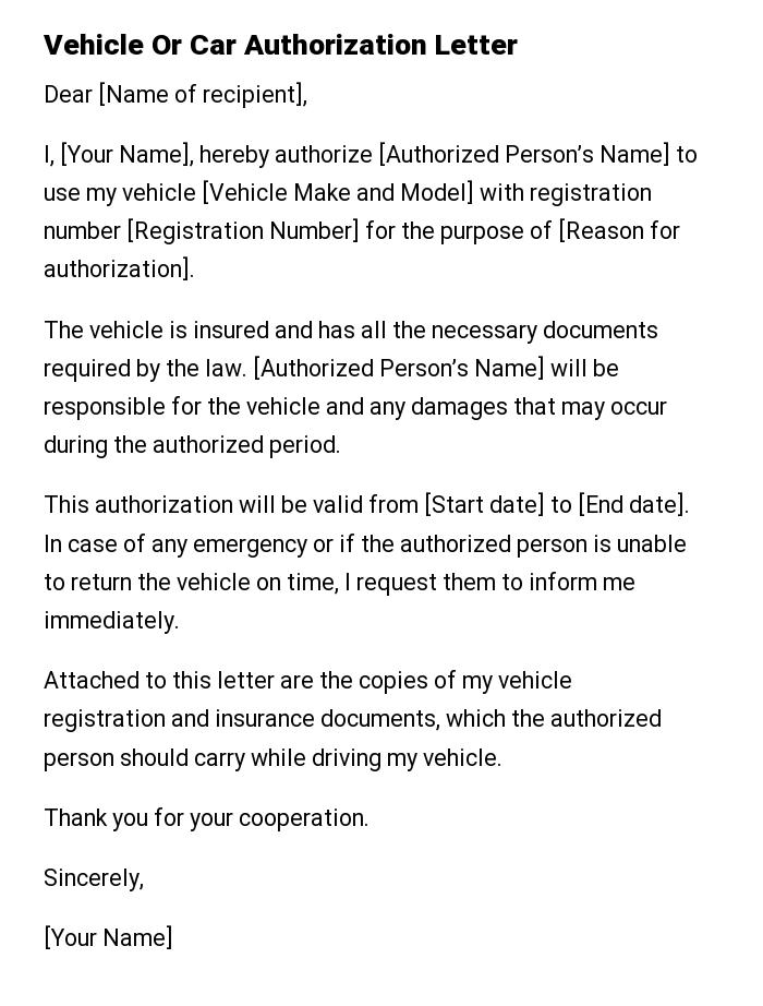 Vehicle Or Car Authorization Letter
