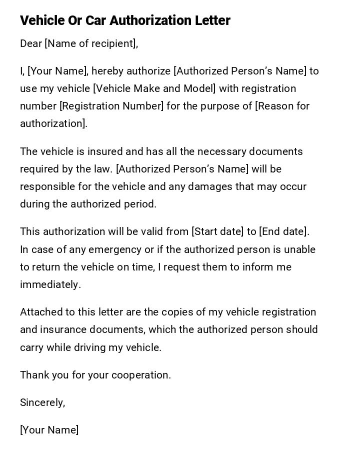 Vehicle Or Car Authorization Letter