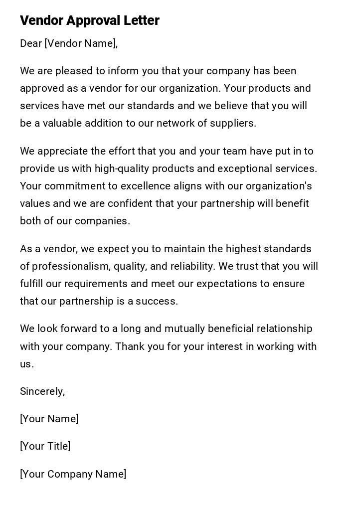 Vendor Approval Letter