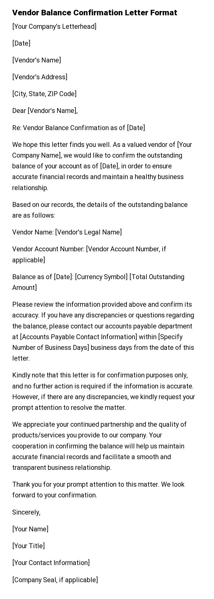 Vendor Balance Confirmation Letter Format