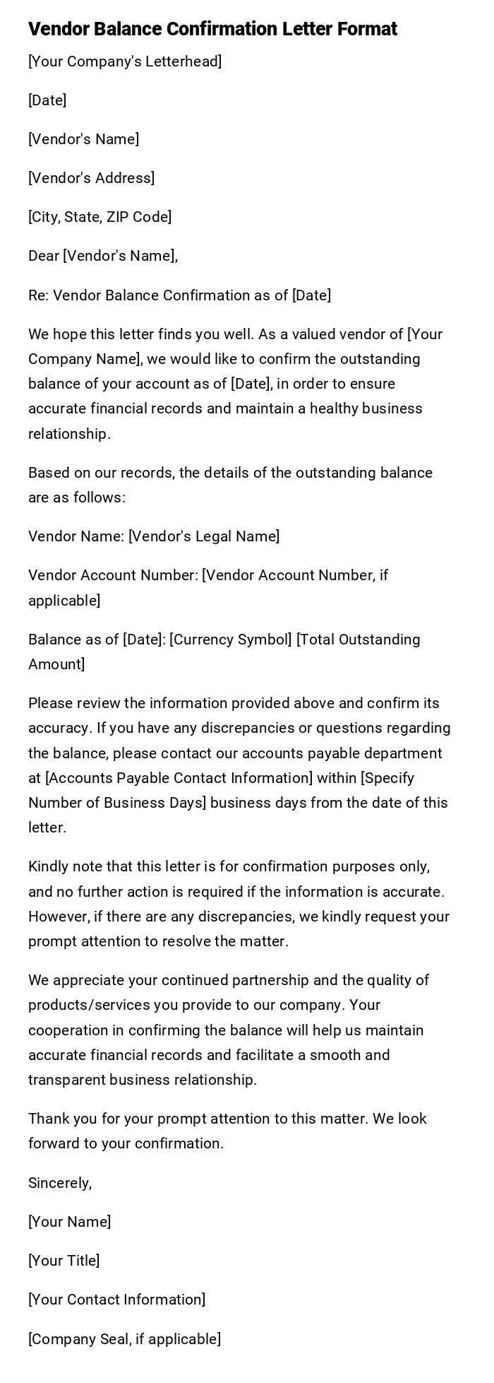 Vendor Balance Confirmation Letter Format