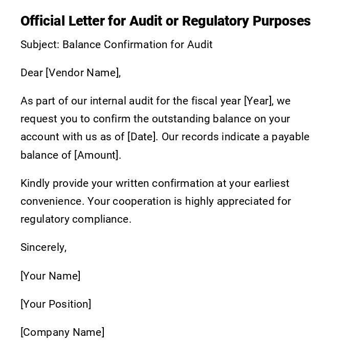 Official Letter for Audit or Regulatory Purposes Official Letter for Audit or Regulatory Purposes