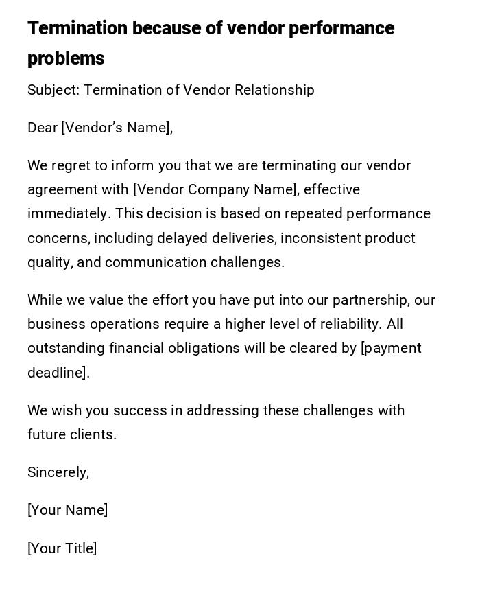Termination because of vendor performance problems