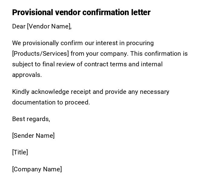 Provisional vendor confirmation letter