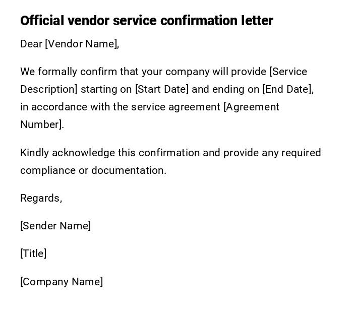 Official vendor service confirmation letter