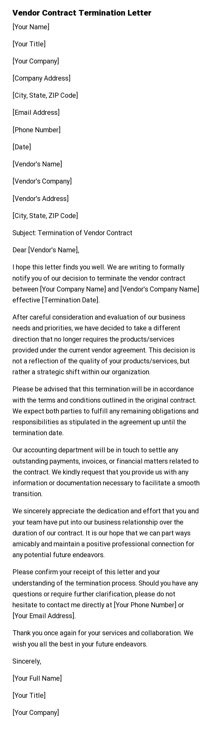 Vendor Contract Termination Letter