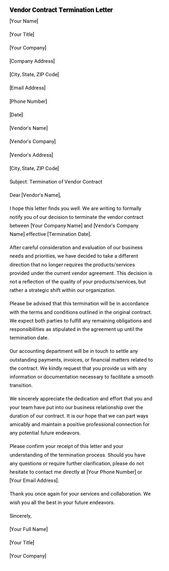 Vendor Contract Termination Letter