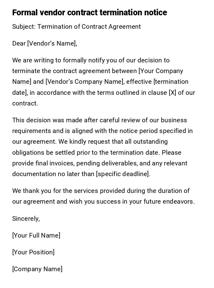 Formal vendor contract termination notice Formal vendor contract termination notice
