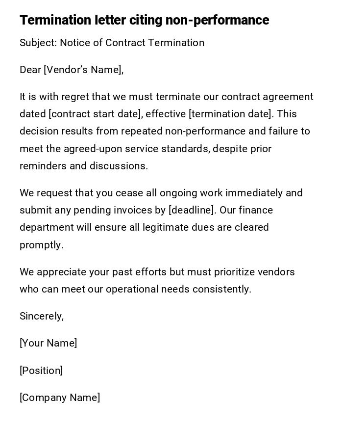 Termination letter citing non-performance Termination letter citing non-performance