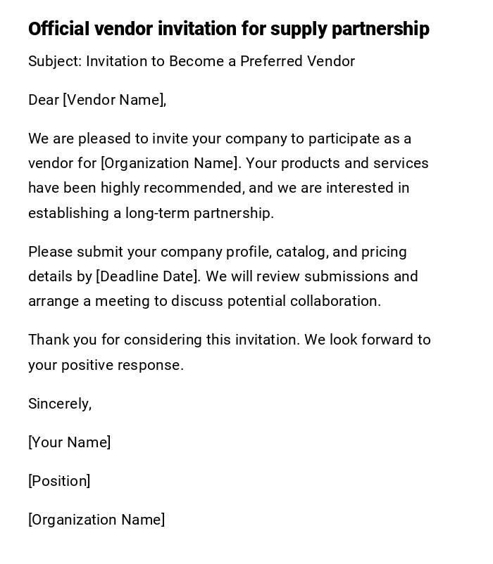 Official vendor invitation for supply partnership Official vendor invitation for supply partnership