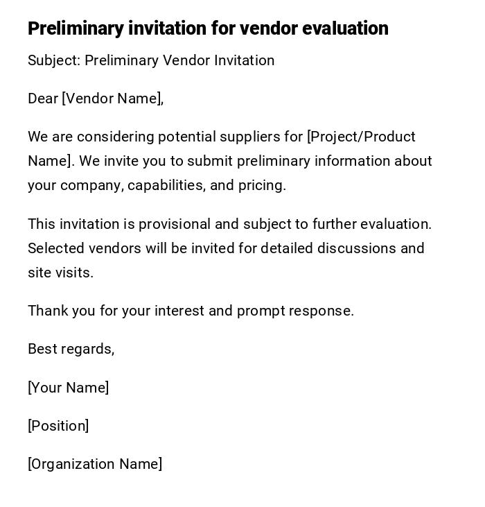 Preliminary invitation for vendor evaluation Preliminary invitation for vendor evaluation