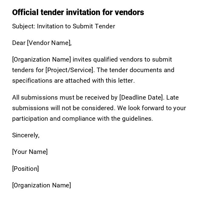 Official tender invitation for vendors Official tender invitation for vendors