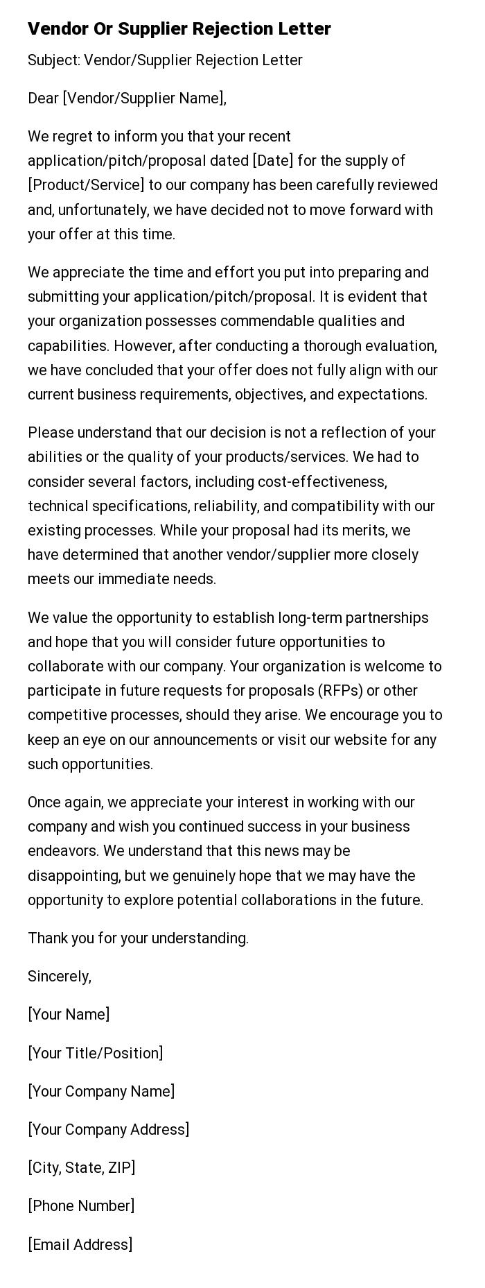 Vendor Or Supplier Rejection Letter