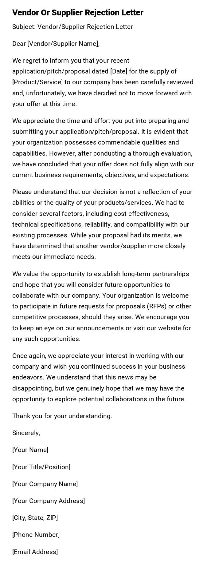 Vendor Or Supplier Rejection Letter