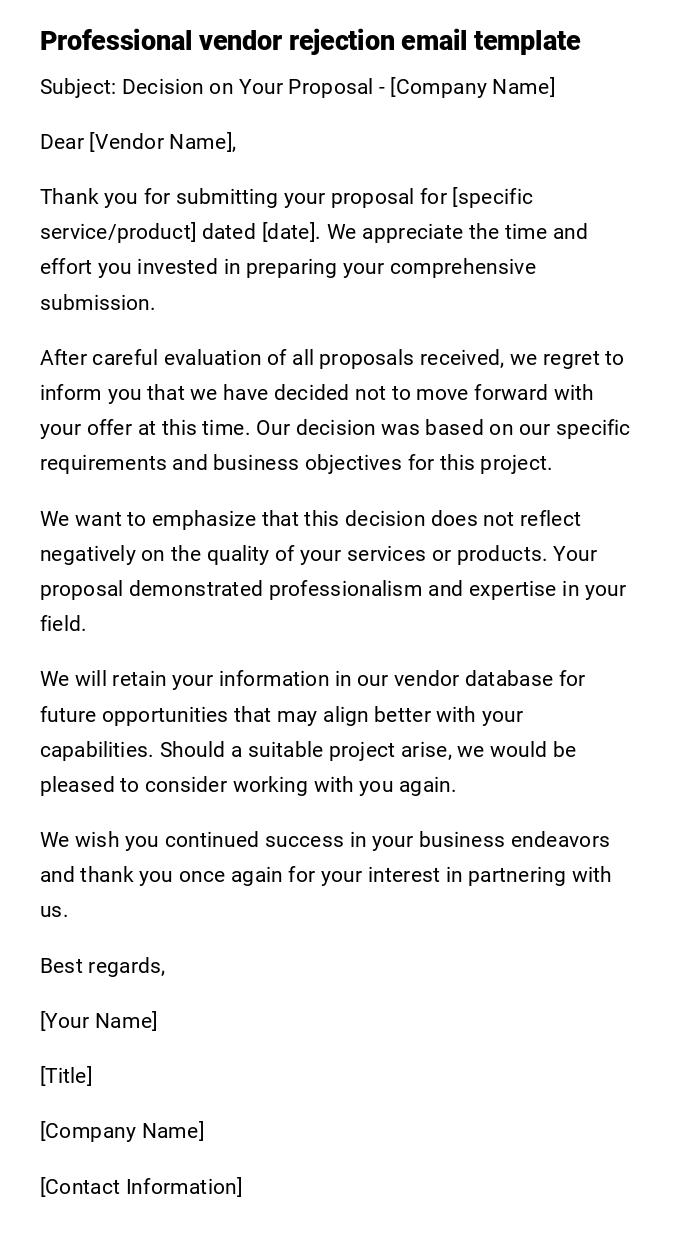 Professional vendor rejection email template Professional vendor rejection email template