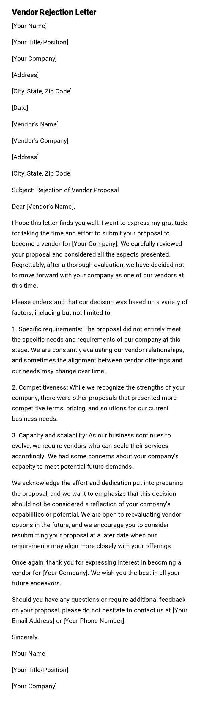 Vendor Rejection Letter