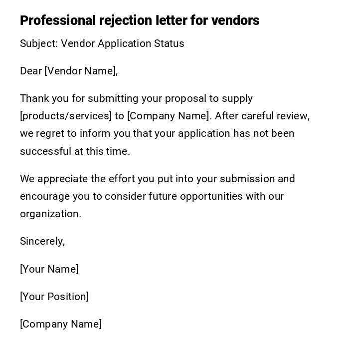 Professional rejection letter for vendors Professional rejection letter for vendors
