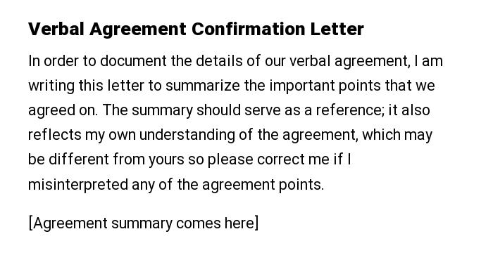 Verbal Agreement Confirmation Letter