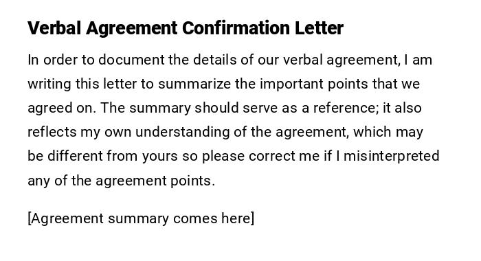 Verbal Agreement Confirmation Letter