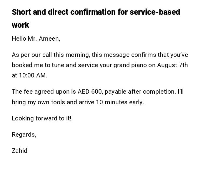 Short and direct confirmation for service-based work
