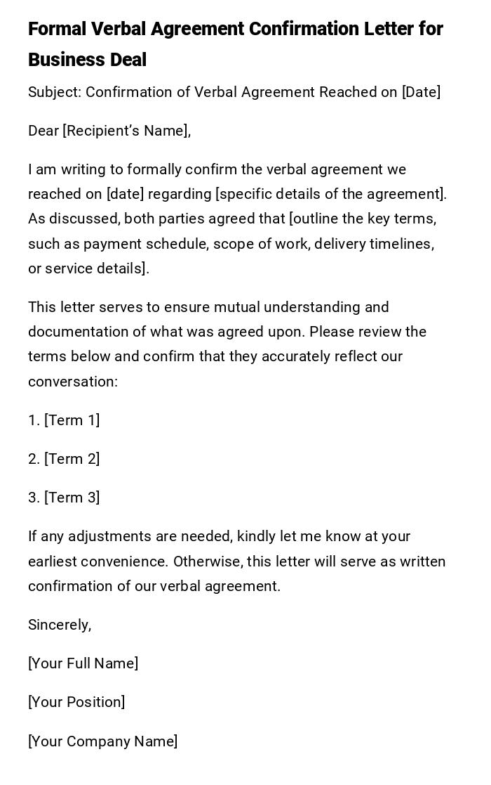 Formal Verbal Agreement Confirmation Letter for Business Deal