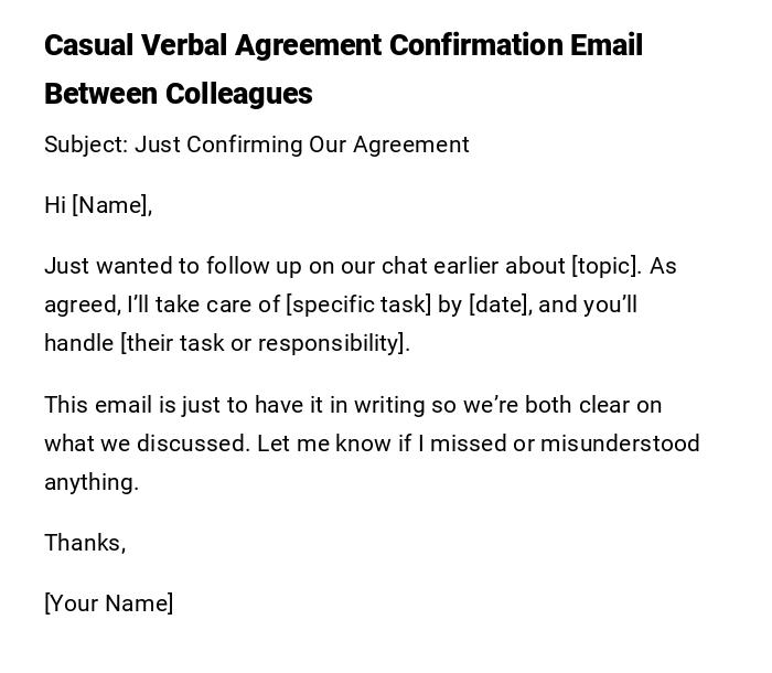 Casual Verbal Agreement Confirmation Email Between Colleagues