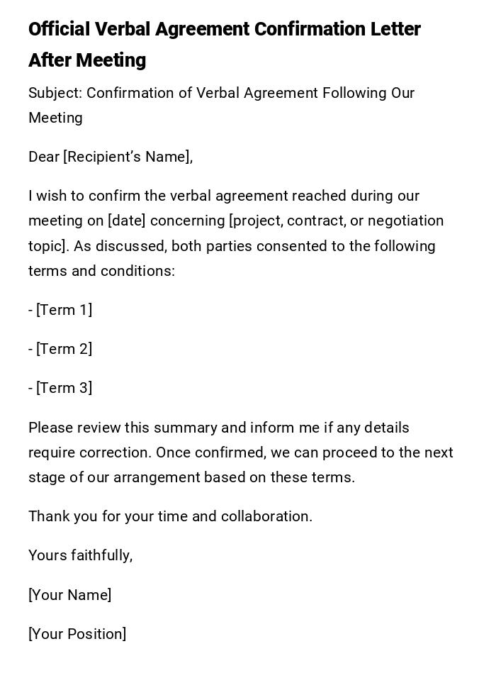 Official Verbal Agreement Confirmation Letter After Meeting