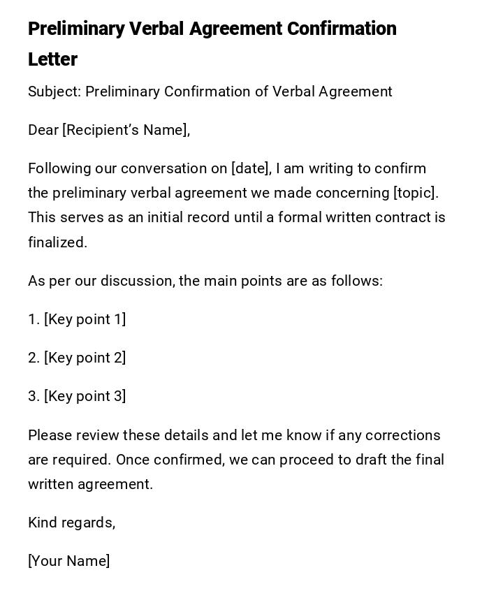 Preliminary Verbal Agreement Confirmation Letter