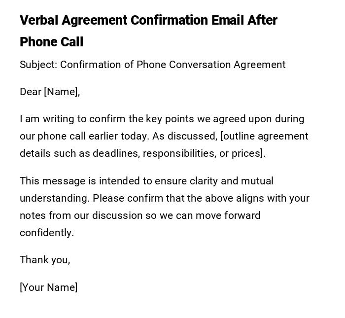 Verbal Agreement Confirmation Email After Phone Call