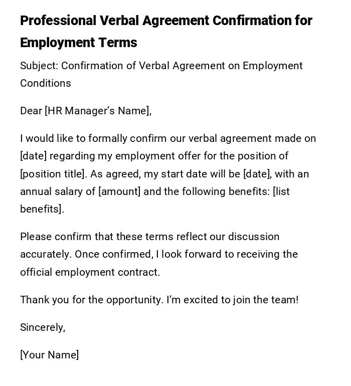 Professional Verbal Agreement Confirmation for Employment Terms