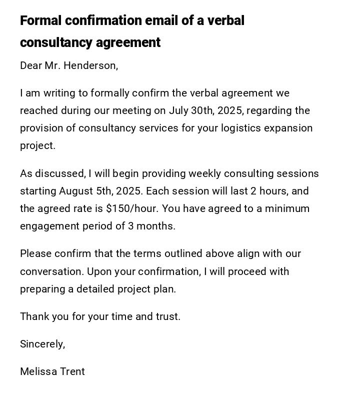 Formal confirmation email of a verbal consultancy agreement