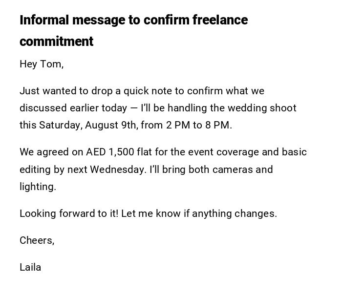 Informal message to confirm freelance commitment