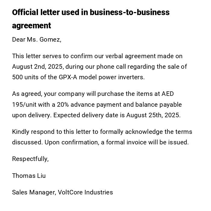 Official letter used in business-to-business agreement