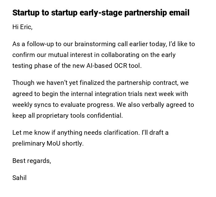 Startup to startup early-stage partnership email