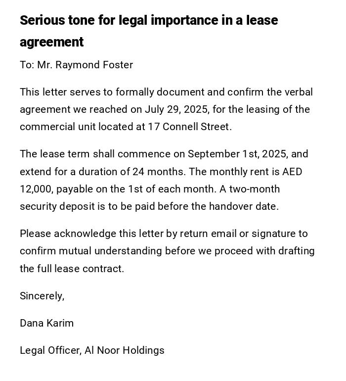 Serious tone for legal importance in a lease agreement