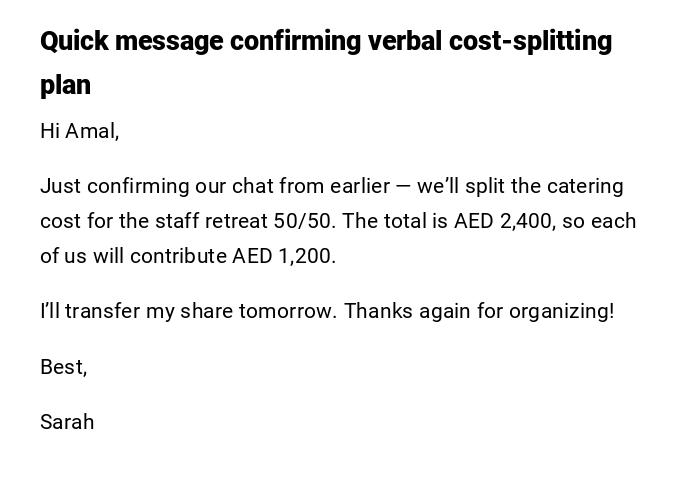 Quick message confirming verbal cost-splitting plan