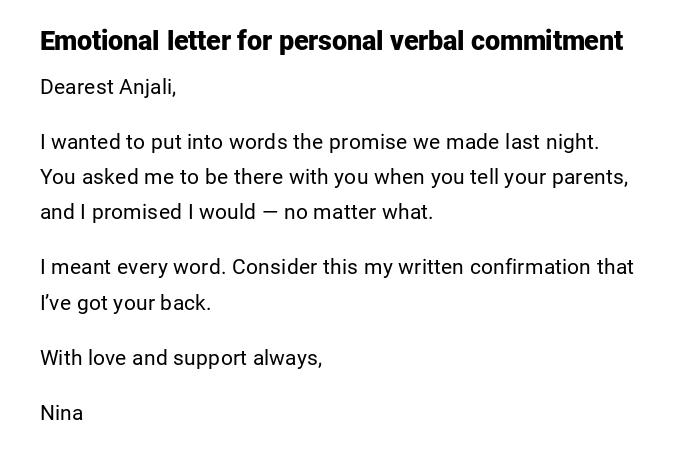 Emotional letter for personal verbal commitment