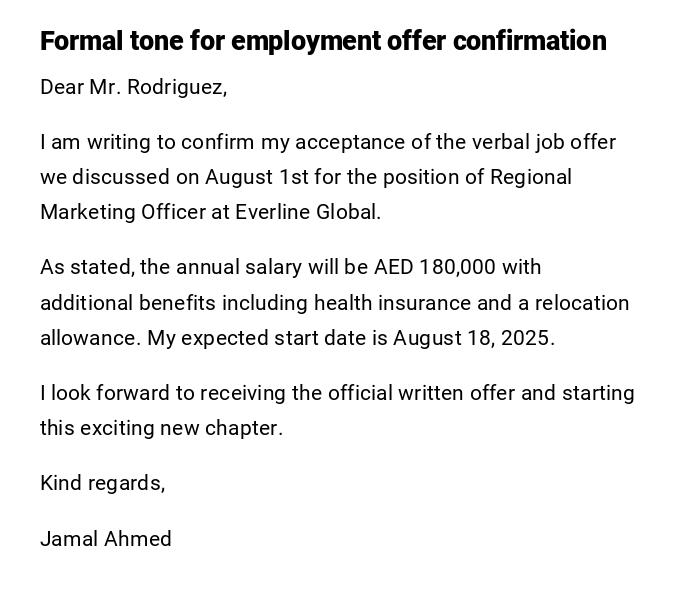 Formal tone for employment offer confirmation