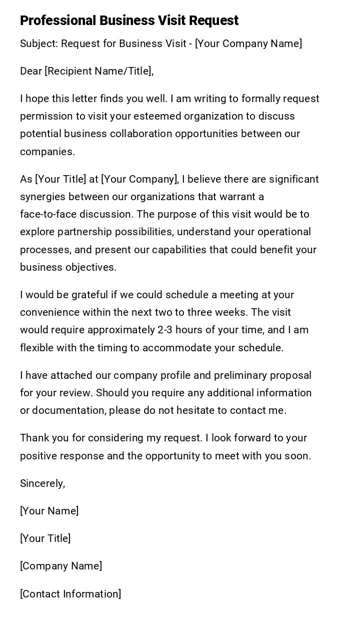 Professional Business Visit Request Professional Business Visit Request