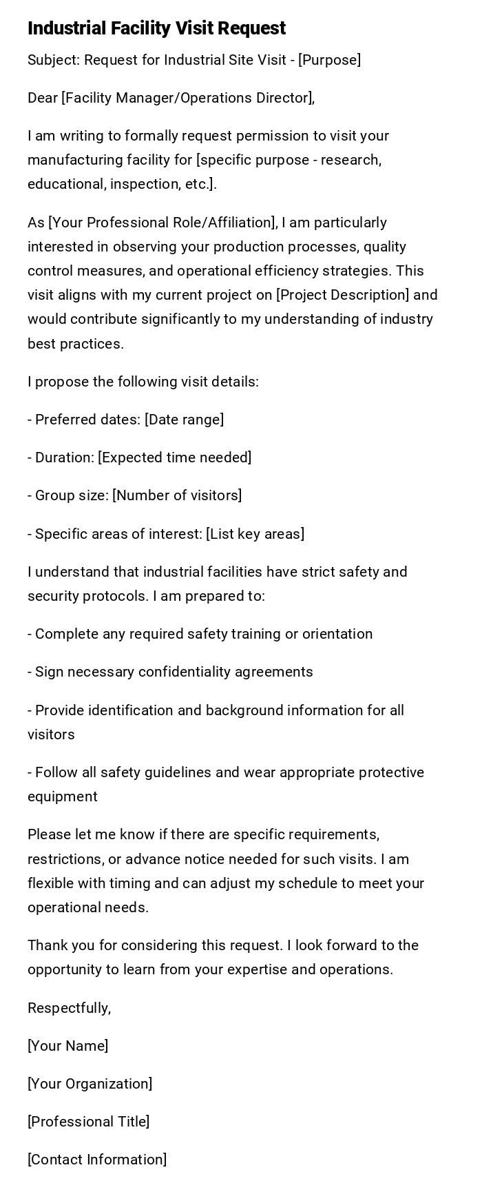 Industrial Facility Visit Request Industrial Facility Visit Request