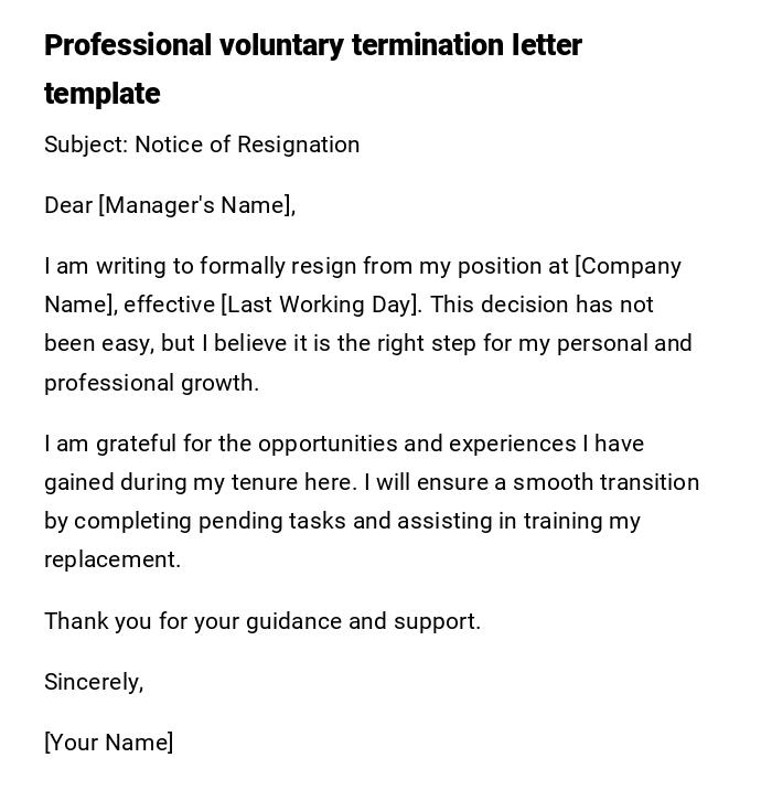 Professional voluntary termination letter template