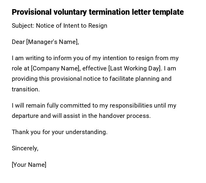 Provisional voluntary termination letter template