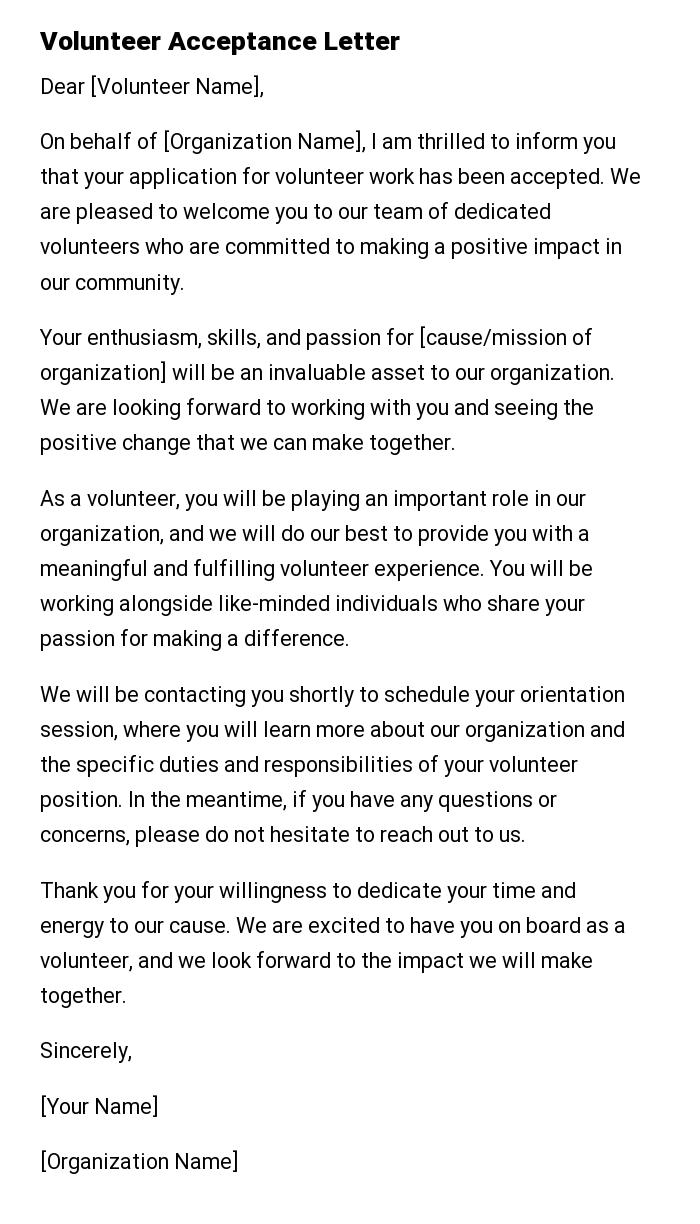 Volunteer Acceptance Letter