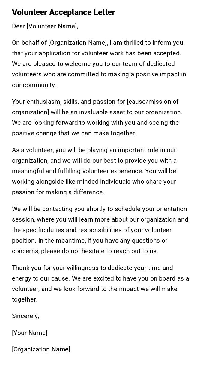 Volunteer Acceptance Letter