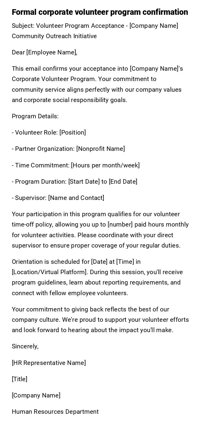 Formal corporate volunteer program confirmation Formal corporate volunteer program confirmation