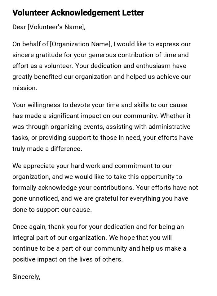 Volunteer Acknowledgement Letter