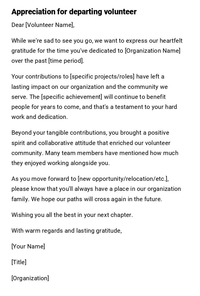 Appreciation for departing volunteer Appreciation for departing volunteer
