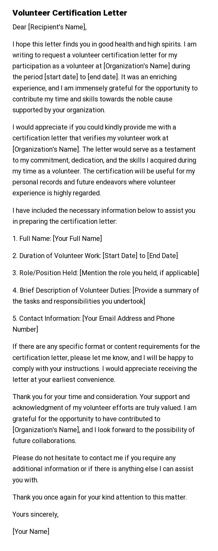 Volunteer Certification Letter
